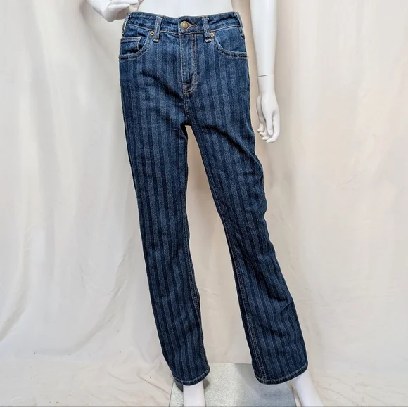 Dark Blue Striped Denim High Rise Bootcut Jeans - Picture 6 of 13